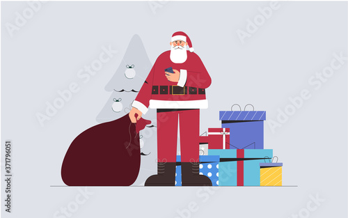 Concept of happy new year, holiday and Merry Christmas, Santa Claus holds a bag of gifts and phone, on the background a Christmas tree and gift boxes. Flat style vector illustration.