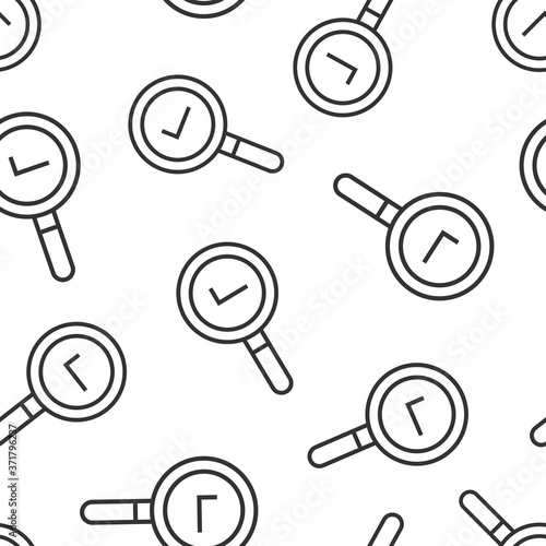 Check mark with magnifying glass icon in flat style. Loupe accept vector illustration on white isolated background. Search checklist seamless pattern business concept.