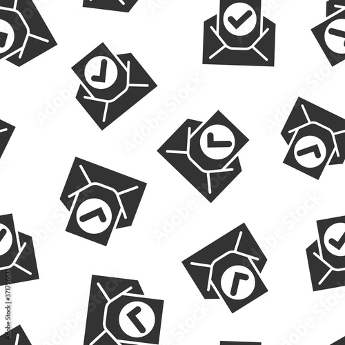 Envelope with confirmed document icon in flat style. Verify vector illustration on white isolated background. Receive seamless pattern business concept.