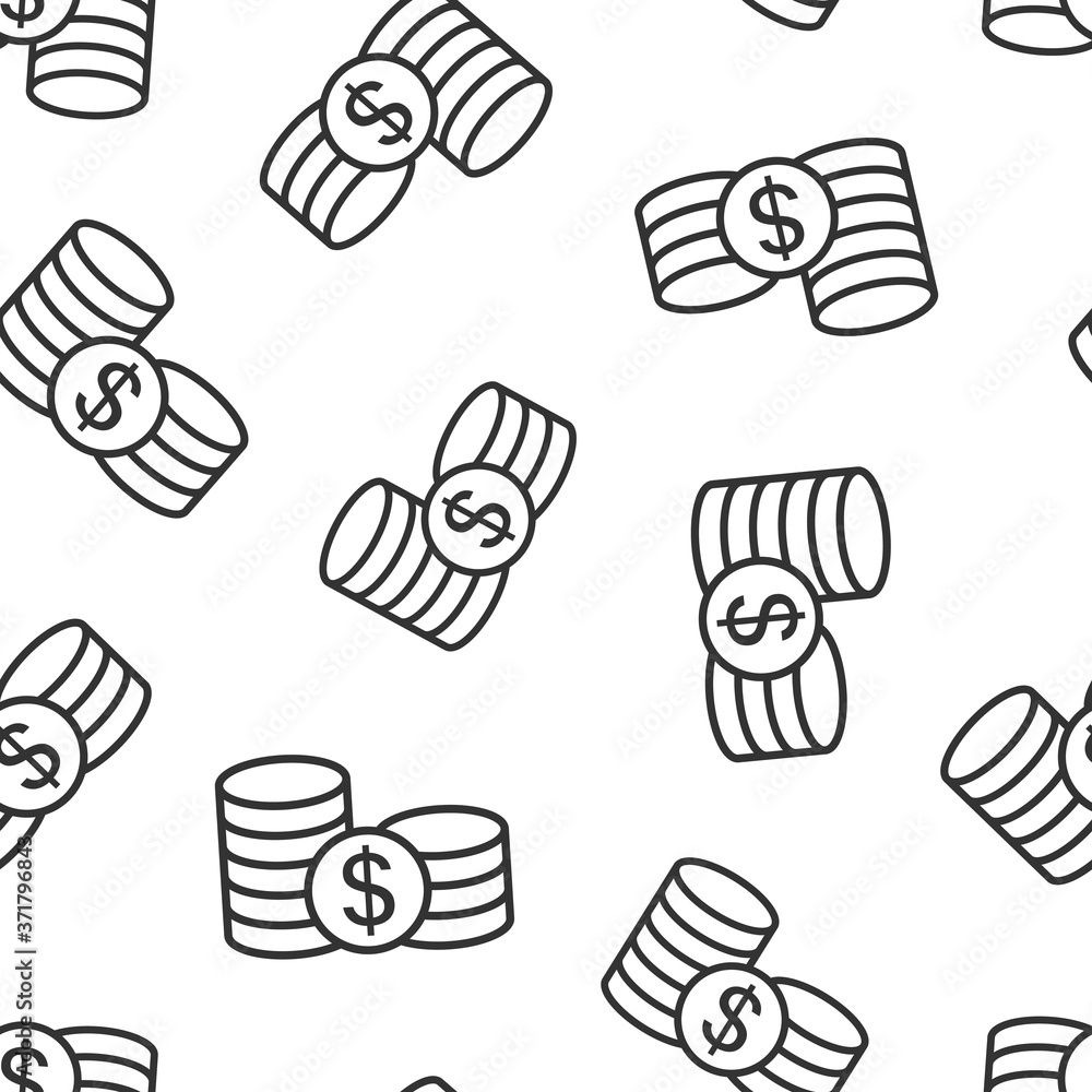 Coins stack icon in flat style. Dollar coin vector illustration on white isolated background. Money stacked seamless pattern business concept. Coins stack icon in flat style. Dollar coin vector illustration on white isolated background. Money stacked seamless pattern business concept.