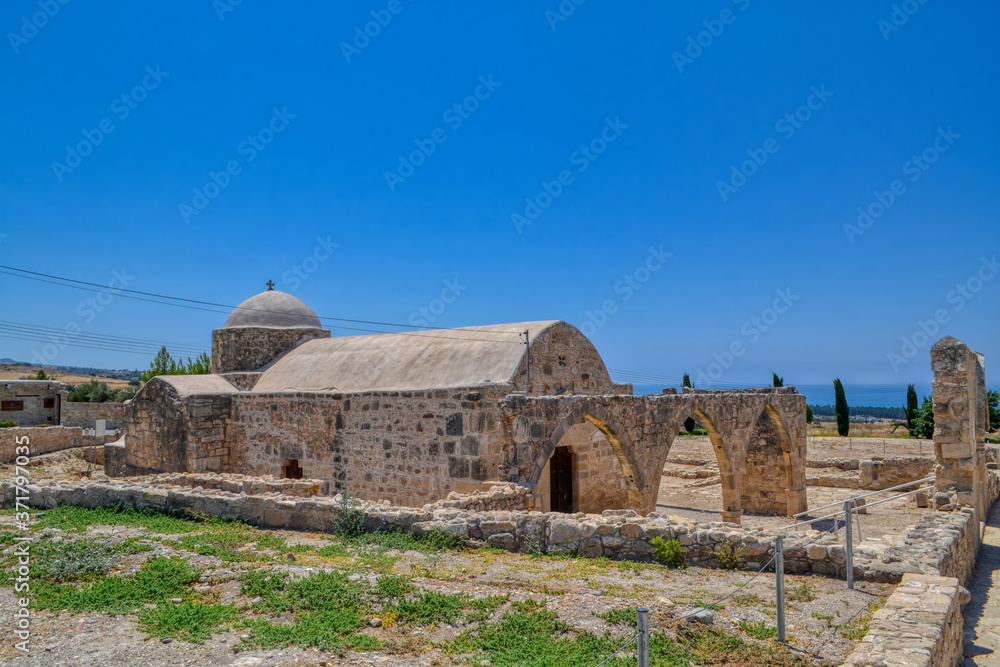 The Church of Panagia Katholiki at Kouklia, Cyprus. Showing the three arches at the entrance to the church.