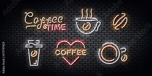 Vector set of realistic isolated neon sign of Coffee logo for template decoration and covering on the wall background. Concept of cafe and coffee shop.