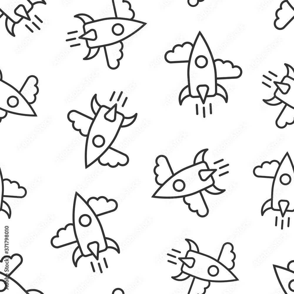 Obraz premium Rocket icon in flat style. Spaceship launch vector illustration on white isolated background. Sputnik seamless pattern business concept.