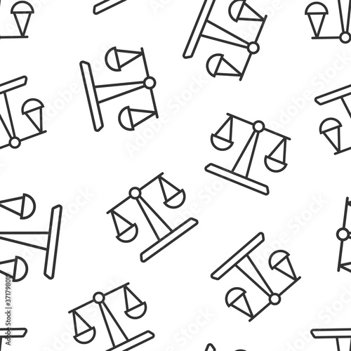 Scale balance icon in flat style. Justice vector illustration on white isolated background. Judgment seamless pattern business concept.