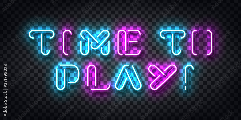 Vector realistic isolated neon sign of Time to Play typography logo for template decoration and covering on the transparent background. Concept of gaming. Vector realistic isolated neon sign of Time to Play typography logo for template decoration and covering on the transparent background. Concept of gaming.