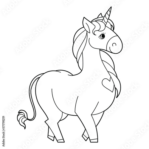 Cute hand drawn cartoon unicorn. Vector illustration in black outline on a white background for designing baby clothes, kid print, posters, coloring page