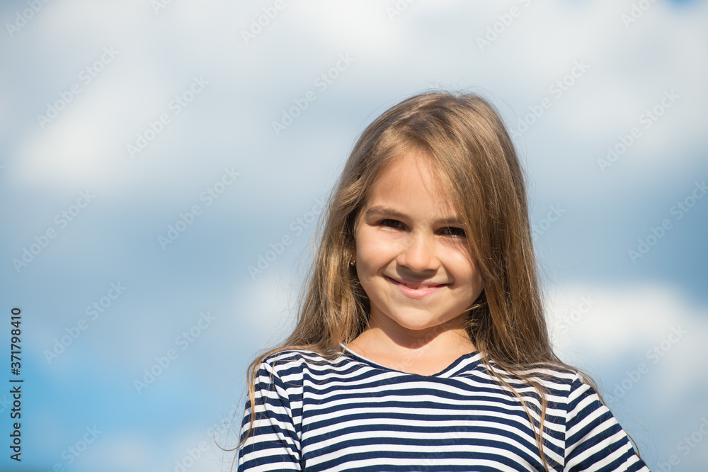 Smile with confidence. Happy kid smile on cloudy sky. Small child with cute smile. Teeth health. Dental care. Oral hygiene. Pediatric dentistry. Spend less on your dentist, copy space