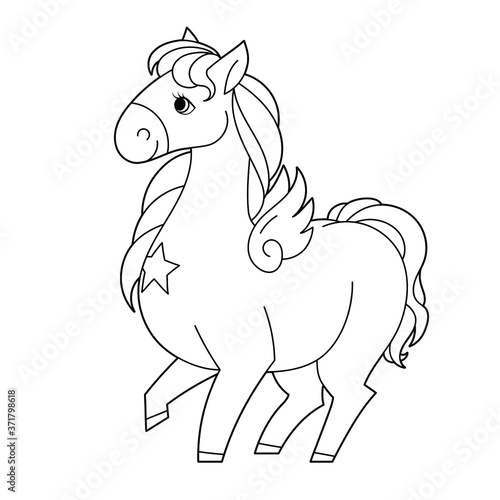 Cute hand drawn cartoon Pegasus. Vector illustration in black outline on a white background for designing baby clothes, kid print, posters, coloring page