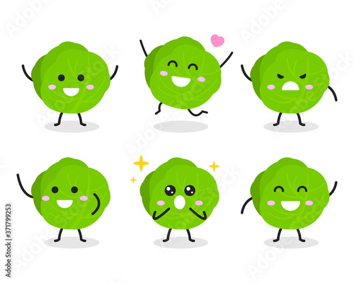 Collection of cute cabbage character in various poses isolated on white background. Funny vegetable cartoon. Flat vector graphic design illustration for infographic, children book, and farm concept.