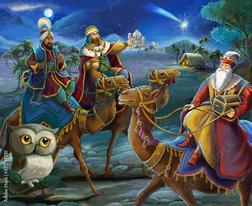 cartoon illustration of the holy family and three kings and owl - illustration © honeyflavour