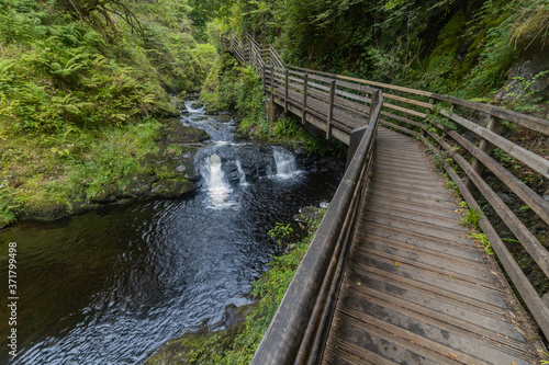 Glenariff waterfall boardwalk, Glenariff River, Glenariff forest Park, Causeway Coast and Glens, County Antrim, Northern Ireland