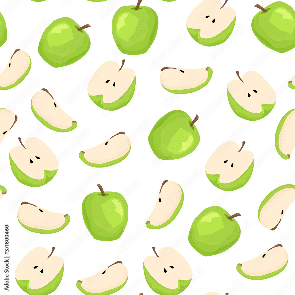 Seamless pattern of green apples on a white background. Whole apple, half apple and apple slice. Fruit in the cartoon style. Wallpaper of design for the menu of a cafe, restaurant, for advertising. Seamless pattern of green apples on a white background. Whole apple, half apple and apple slice. Fruit in the cartoon style. Wallpaper of design for the menu of a cafe, restaurant, for advertising.