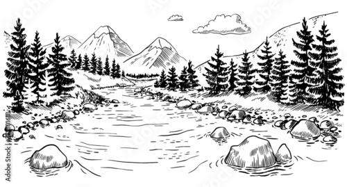 Vector illustration of nature in the mountains. tourism. tent in nature. landscape with mountains  river and forest. Illustration of tourism and recreation in the wild. hand drawn sketch