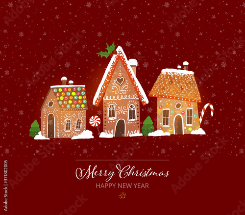 Greeting christmas card with cute gingerbread houses on red background