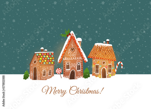 Greeting christmas card with cute gingerbread houses