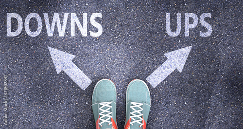 Downs and ups as different choices in life - pictured as words Downs, ups on a road to symbolize making decision and picking either Downs or ups as an option, 3d illustration