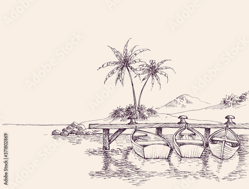 Wharf drawing, empty boats and palm trees on sandy beach