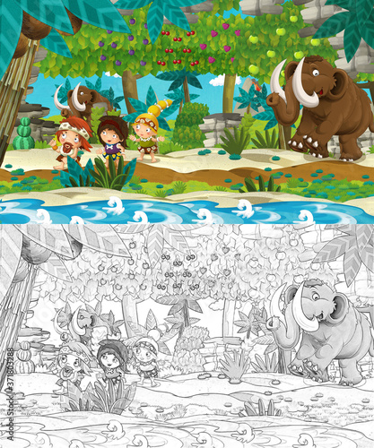 cartoon sketch scene with prehistoric people traveling near the river
