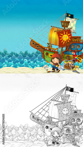Cartoon sketch scene of beach near the sea or ocean - pirate captain