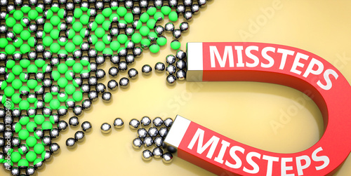 Missteps attracts success - pictured as word Missteps on a magnet to symbolize that Missteps can cause or contribute to achieving success in work and life, 3d illustration photo