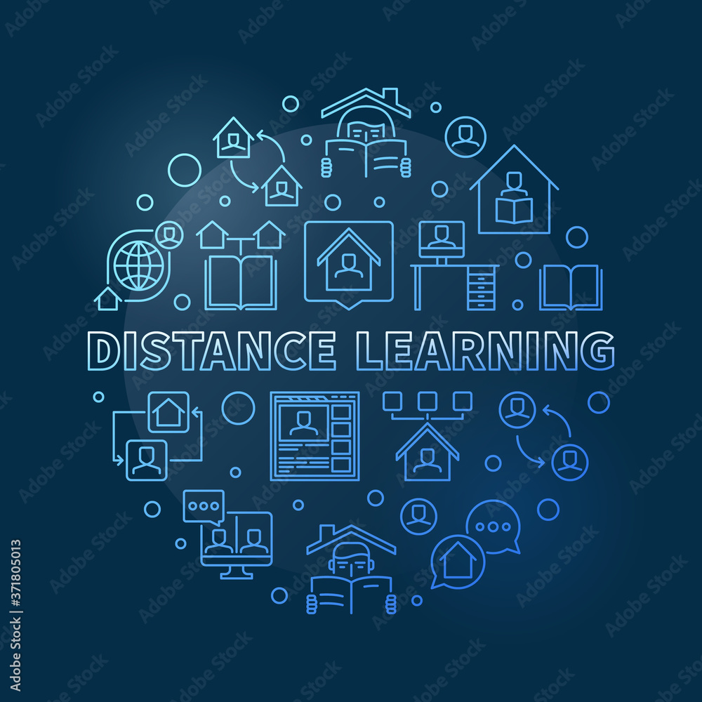 Distance Learning vector concept round thin line blue illustration on dark background Distance Learning vector concept round thin line blue illustration on dark background