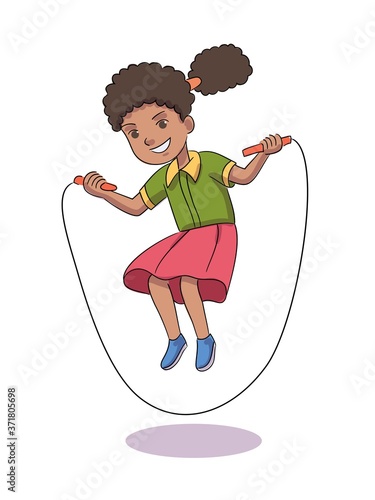 Cute schoolgirl in school uniform jumping rope