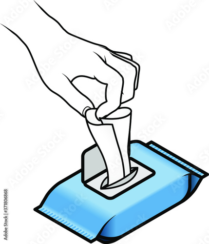 Hand pulling a tissue from a blue pack of wet wipes/ tissues.