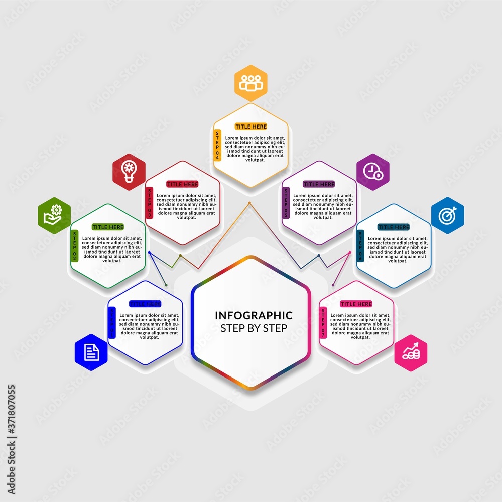 Vector illustration info polygon seven options. Template for brochure, business, web design Vector illustration info polygon seven options. Template for brochure, business, web design