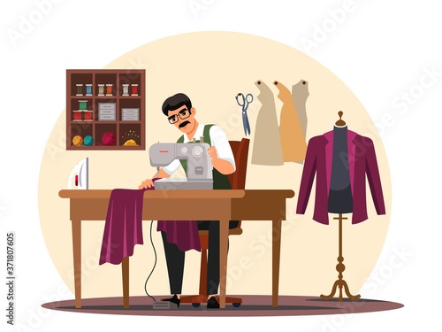 Vector tailor sewing on machine at atelier studio