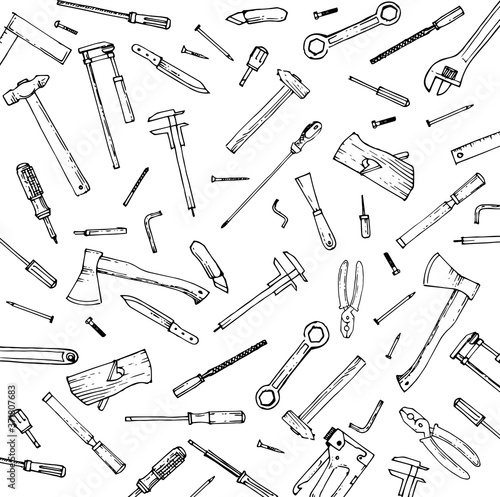 Home craftsman's tool. Outline hand drawing. Isolated vector objects on a white background. A sketch with a felt-tip pen, ink on paper. The tools are universal. Sketch.