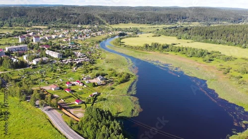 Cottages village River Helulanjoki view from mountain Paaso (Karelia, Russia) photo