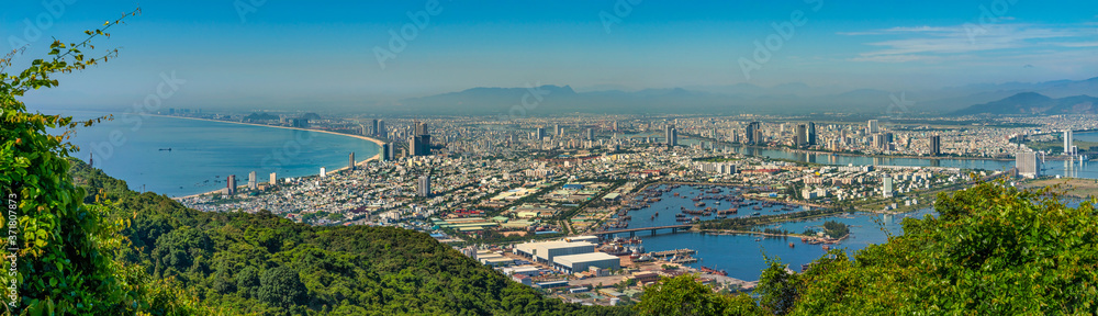 Aerial view of Da Nang city, Vietnam. Cityscape view at Son Tra peninsula