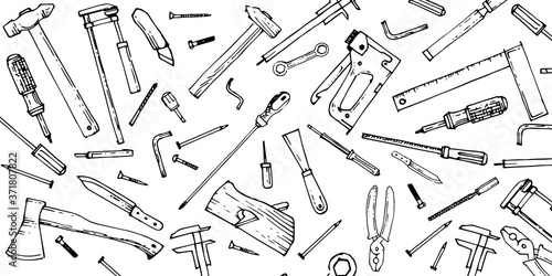 Handyman's tool. Outline hand drawing. Isolated vector objects on a white background. A sketch with a felt-tip pen, ink on paper. The tools are universal. Sketch.