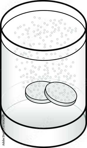 Two effervescent tablets in a glass of water. With bubbles.