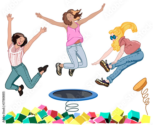 three girls jumping on a trampoline with soft cubes, sketch vector graphic color illustration on white background