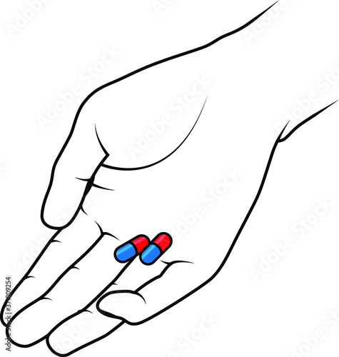A hand holding out a couple of medicine capsules.