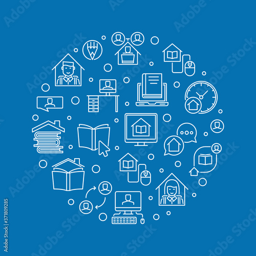 Homeschooling vector concept outline round illustration on blue background