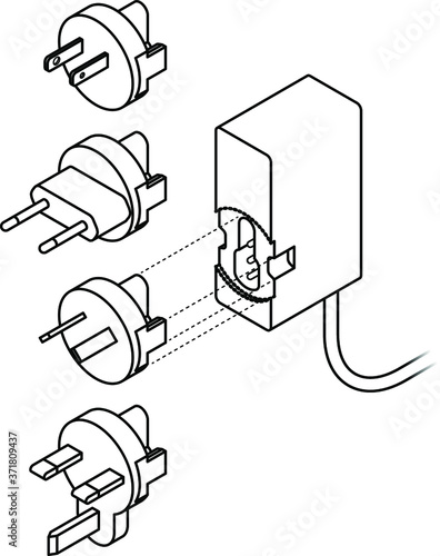 International power supply / transformer with interchangeable plugs. Line art.