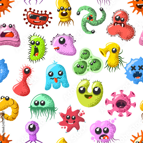 Funny and cute virus, bacteria, germ cartoon characters seamless pattern. Microbe and pathogen microorganism background. © grumpybox