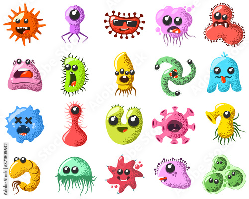 Funny and cute virus, bacteria, germ cartoon character set. Microbe and pathogen microorganism isolated on white background.