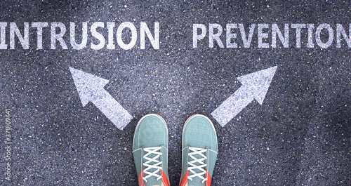Intrusion and prevention as different choices in life - pictured as words Intrusion, prevention on a road to symbolize making decision and picking either one as an option, 3d illustration