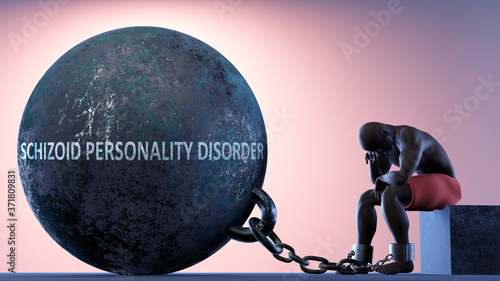 Schizoid personality disorder as a heavy weight in life - symbolized by a person in chains attached to a prisoner ball to show that Schizoid personality disorder can cause suffering, 3d illustration photo