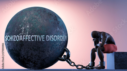 Schizoaffective disorder as a heavy weight in life - symbolized by a person in chains attached to a prisoner ball to show that Schizoaffective disorder can cause suffering, 3d illustration photo