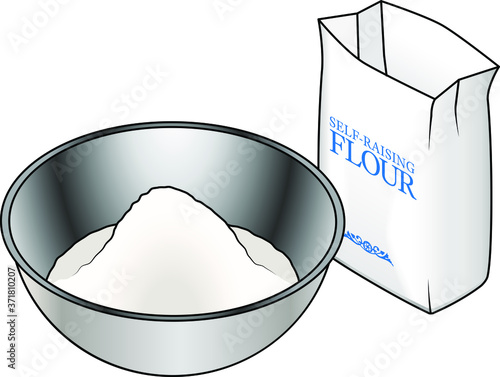 Baking concept: a stainless steel bowl with a mound of self raising flour.
