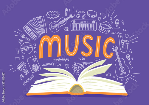 Music book. School subjects. Hand drawn doodles and lettering with book.