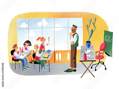 Teacher and pupils in vector classroom at lesson