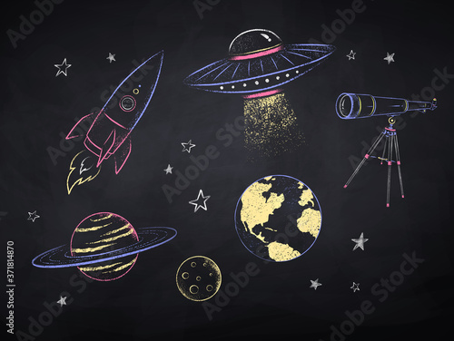 Chalk drawn collection of space objects