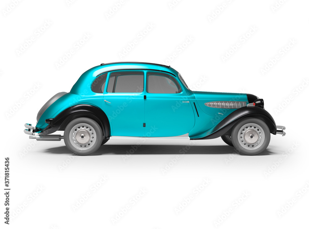 3D rendering classic retro car blue on white background with shadow