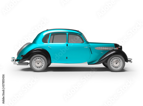 3D rendering classic retro car blue on white background with shadow