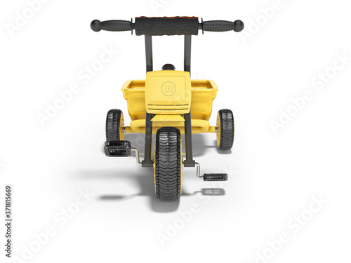 3D rendering yellow tricycle for child with trunk front view on white background with shadow